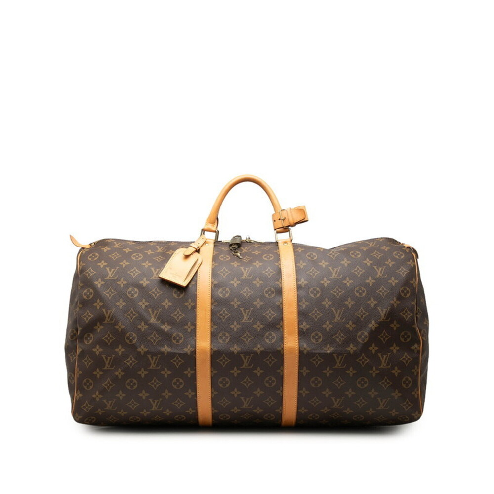 Louis Vuitton Monogram Keepall 60 Boston Bag Travel M41422 Brown Leather Wome...